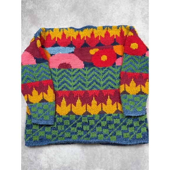 VTG AMANO Hand Knit 100% Wool Cardigan Sweater OS Made Bolivia Folk Art Floral - Picture 3 of 16